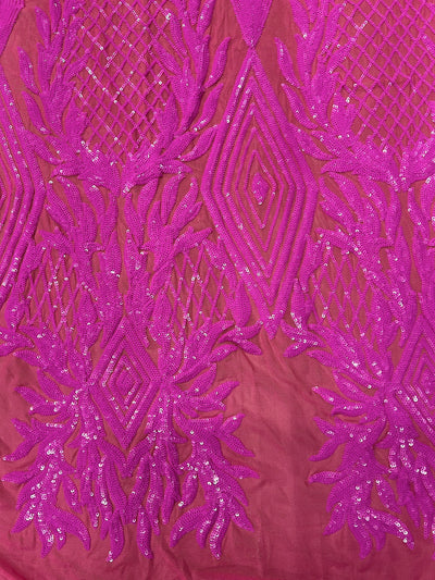Francesca FUCHSIA Vines and Diamonds Pattern Sequins on Mesh Lace Fabric by the Yard - 10130