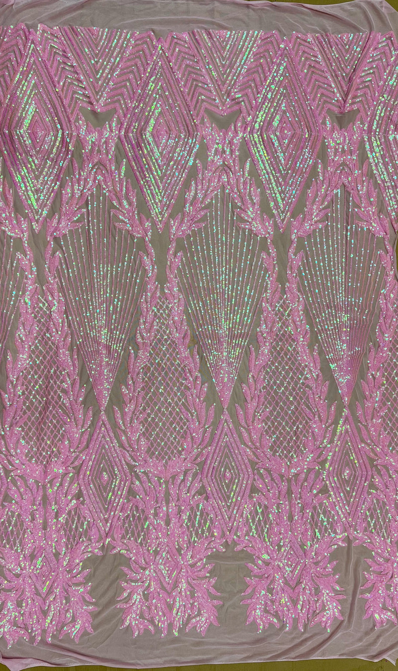 Francesca IRIDESCENT PINK Vines and Diamonds Pattern Sequins on Mesh Lace Fabric by the Yard - 10130