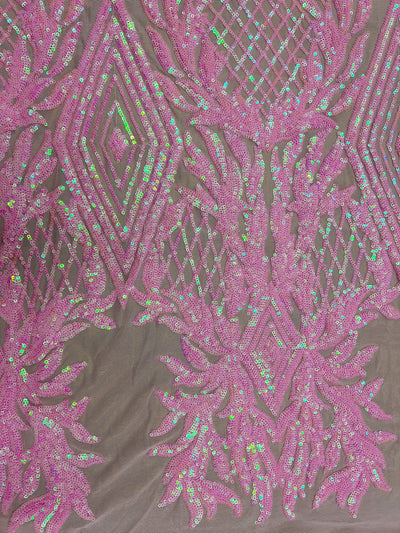 Francesca IRIDESCENT PINK Vines and Diamonds Pattern Sequins on Mesh Lace Fabric by the Yard - 10130