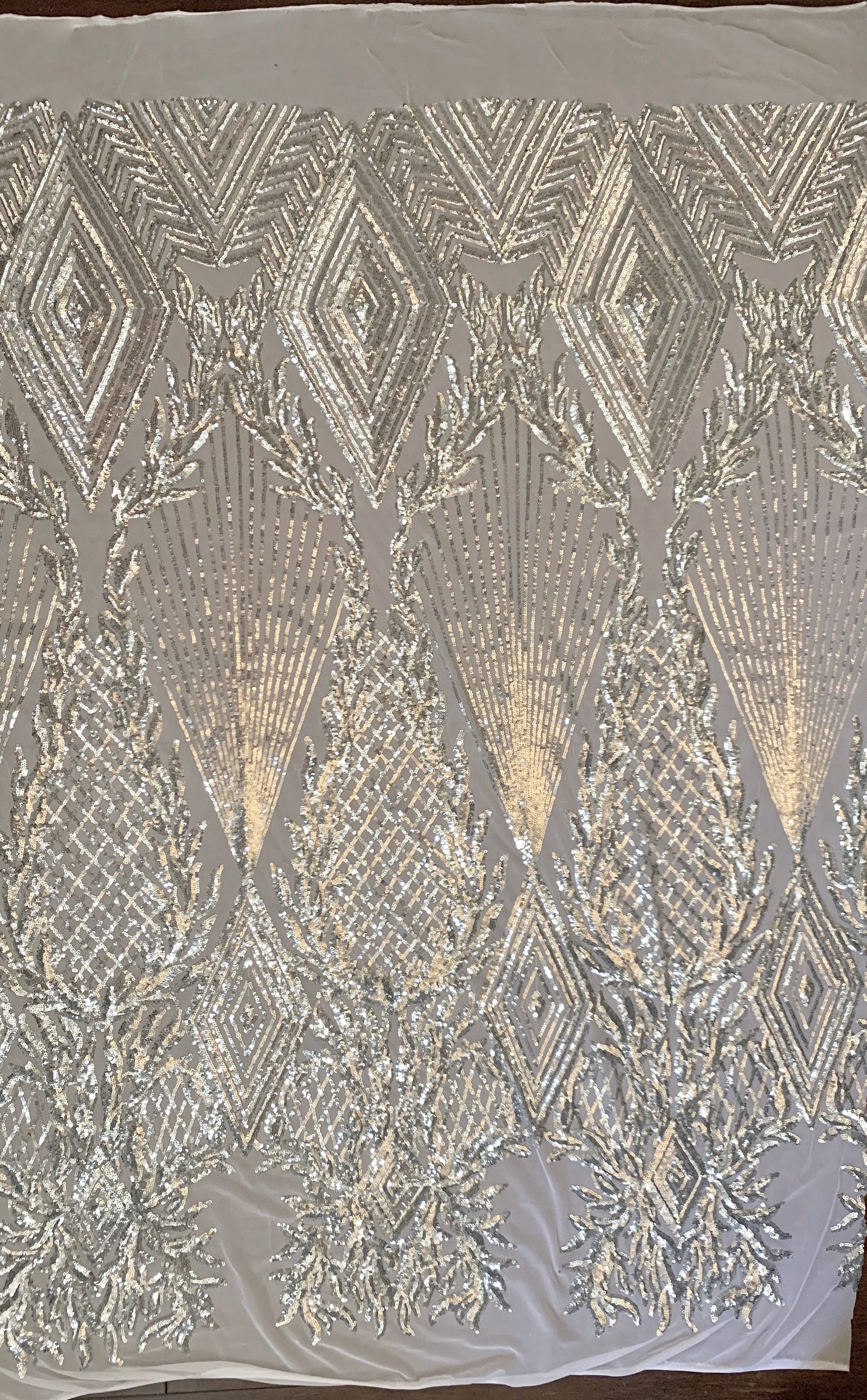 Francesca SILVER Vines and Diamonds Pattern Sequins on WHITE Mesh Lace Fabric by the Yard - 10130