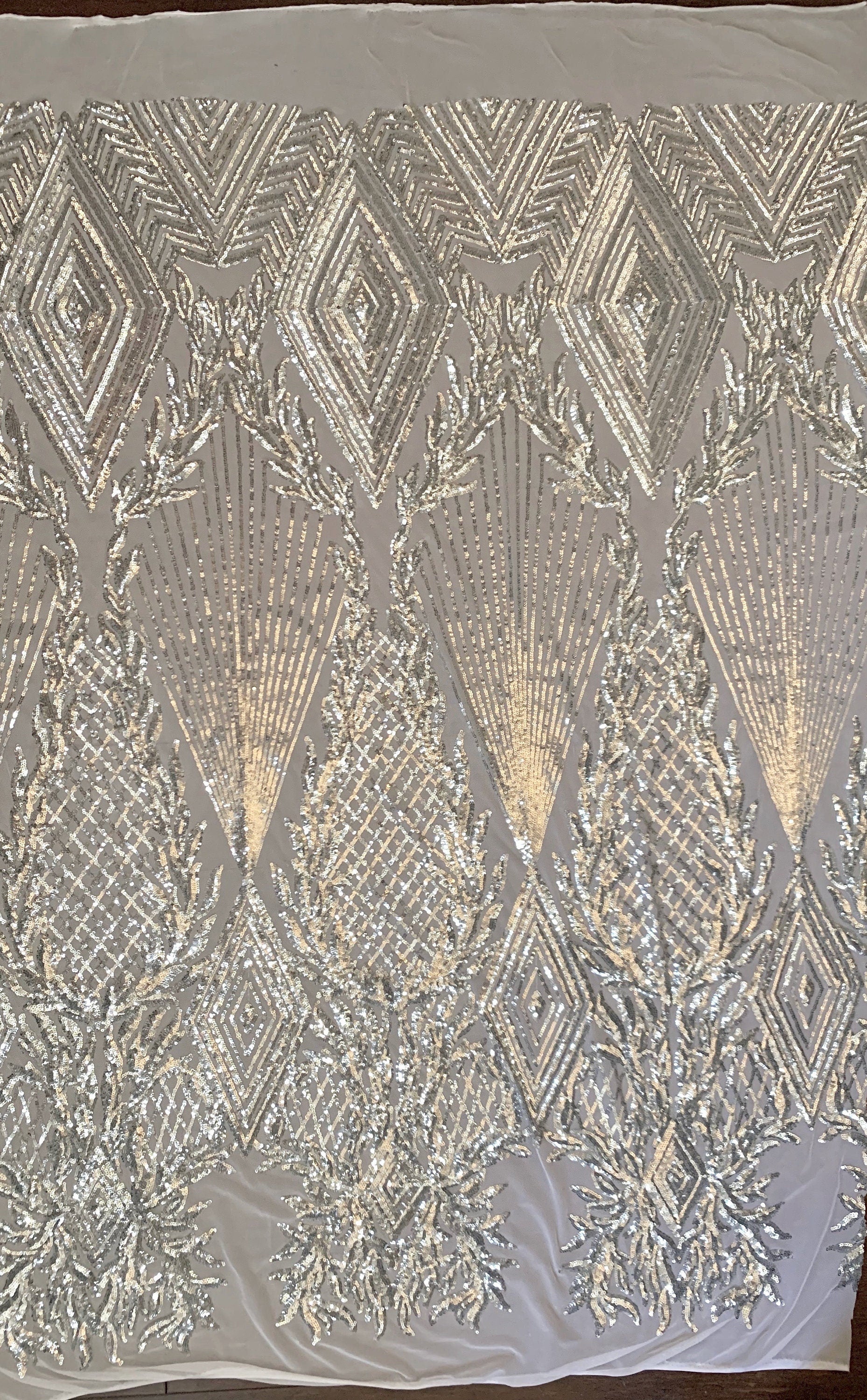Francesca SILVER Vines and Diamonds Pattern Sequins on WHITE Mesh Lace Fabric by the Yard - 10130