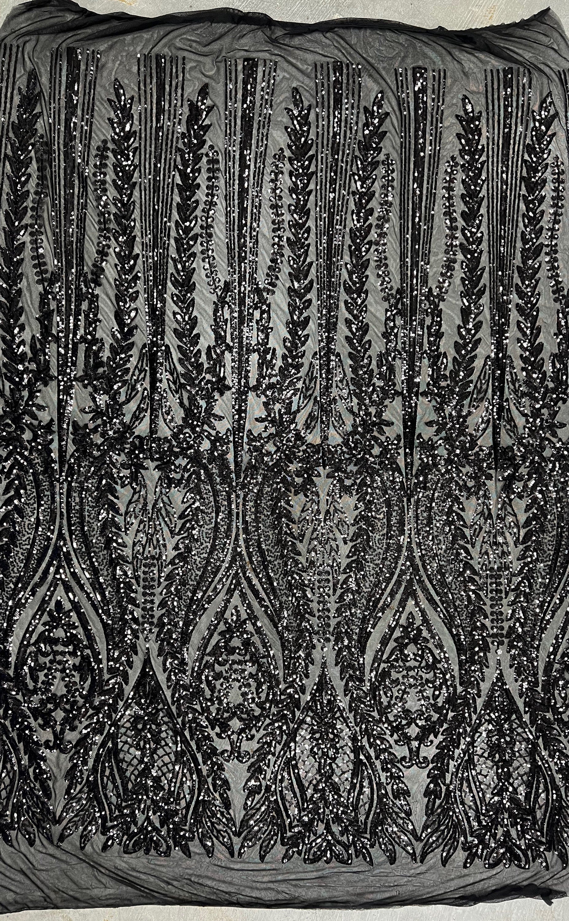 Isabella BLACK Curlicue & Leaves Sequins on Mesh Lace Fabric by the Yard