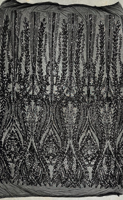 Isabella BLACK Curlicue & Leaves Sequins on Mesh Lace Fabric by the Yard