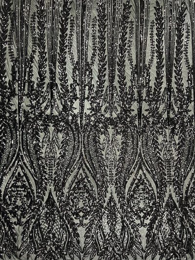 Isabella BLACK Curlicue & Leaves Sequins on Mesh Lace Fabric by the Yard