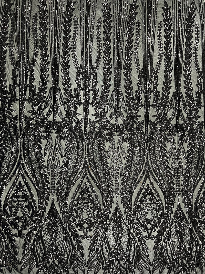 Isabella BLACK Curlicue & Leaves Sequins on Mesh Lace Fabric by the Yard