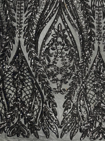 Isabella BLACK Curlicue & Leaves Sequins on Mesh Lace Fabric by the Yard