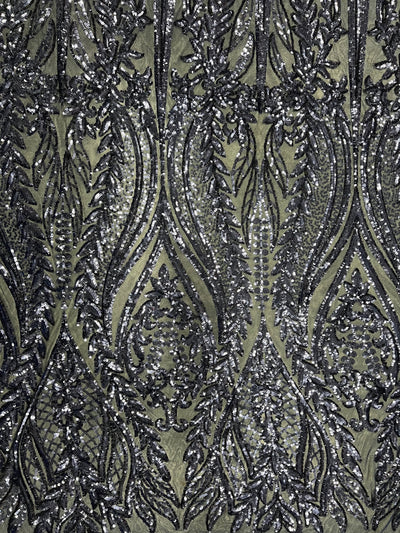 Isabella NAVY BLUE Curlicue & Leaves Sequins on Mesh Lace Fabric by the Yard