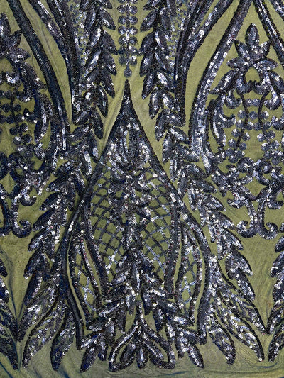 Isabella NAVY BLUE Curlicue & Leaves Sequins on Mesh Lace Fabric by the Yard