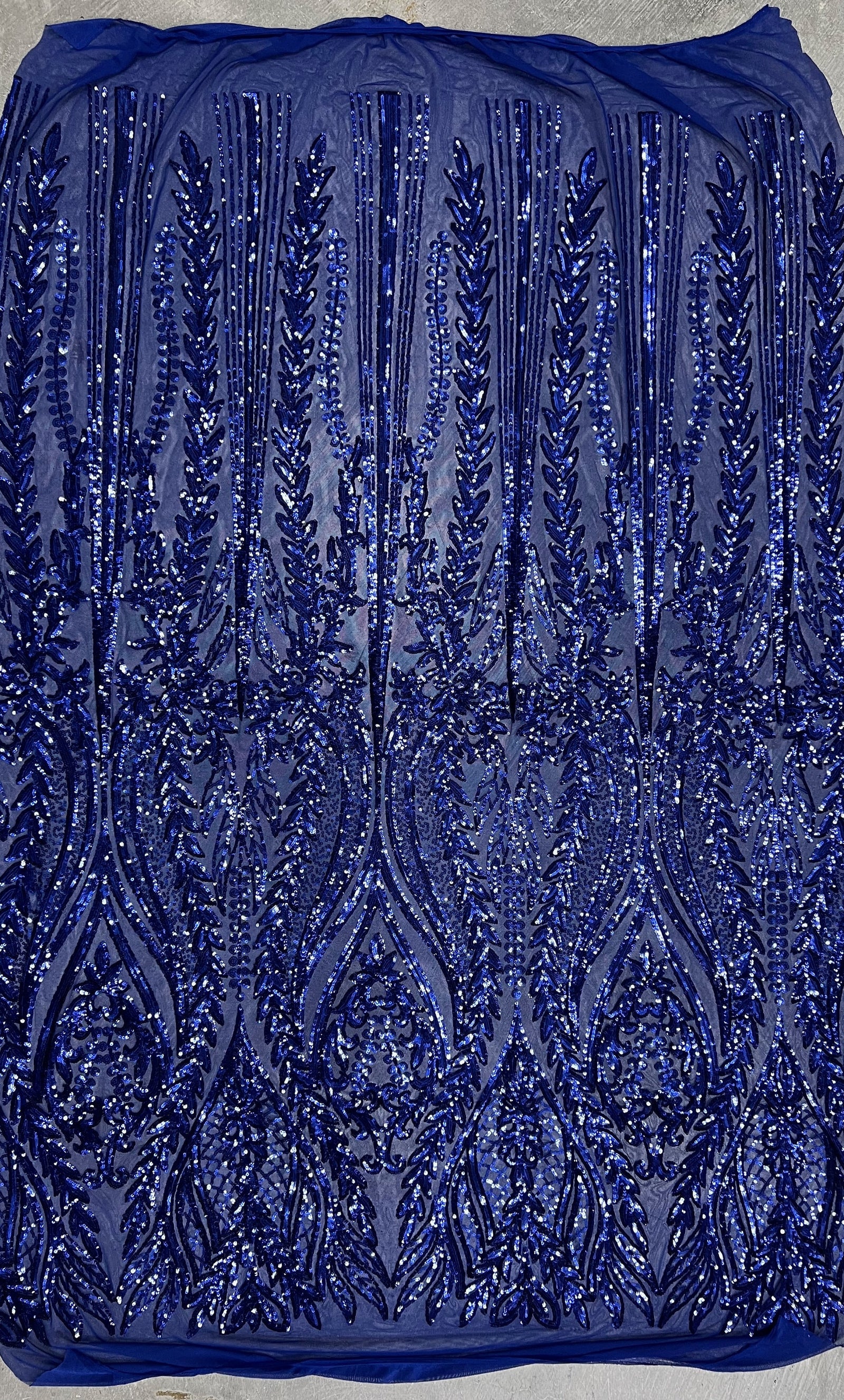 Isabella DARK ROYAL BLUE Curlicue & Leaves Sequins on Mesh Lace Fabric by the Yard
