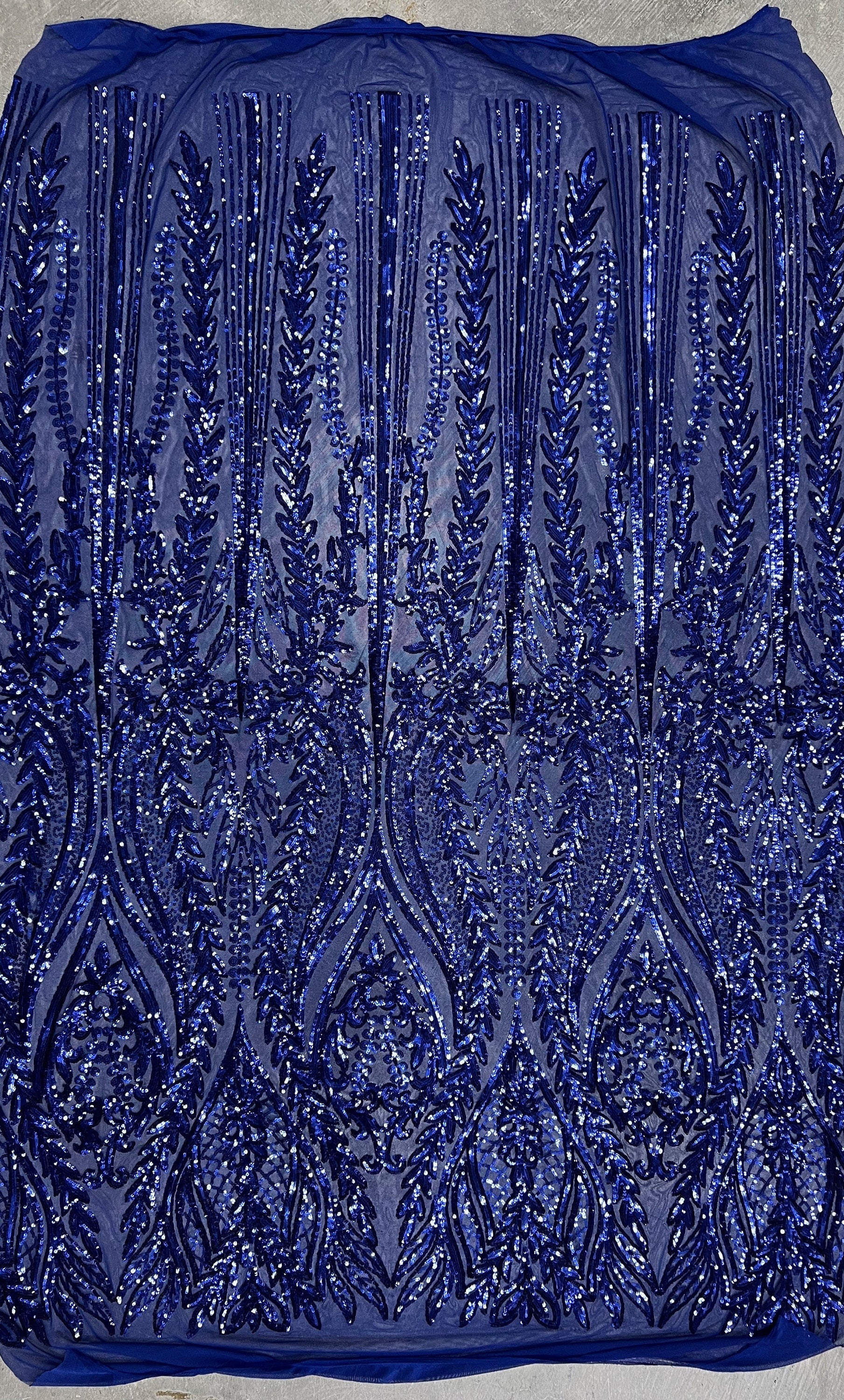 Isabella DARK ROYAL BLUE Curlicue & Leaves Sequins on Mesh Lace Fabric by the Yard