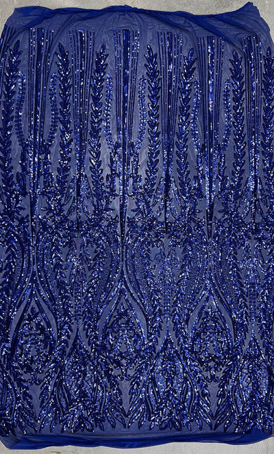 Isabella DARK ROYAL BLUE Curlicue & Leaves Sequins on Mesh Lace Fabric by the Yard
