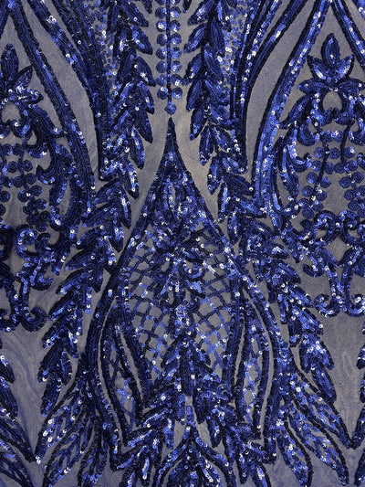Isabella DARK ROYAL BLUE Curlicue & Leaves Sequins on Mesh Lace Fabric by the Yard