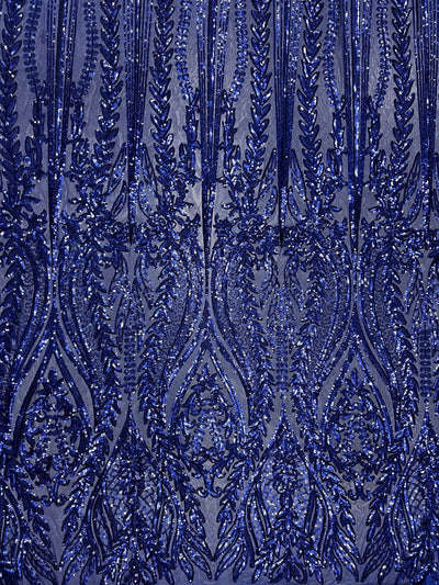 Isabella DARK ROYAL BLUE Curlicue & Leaves Sequins on Mesh Lace Fabric by the Yard