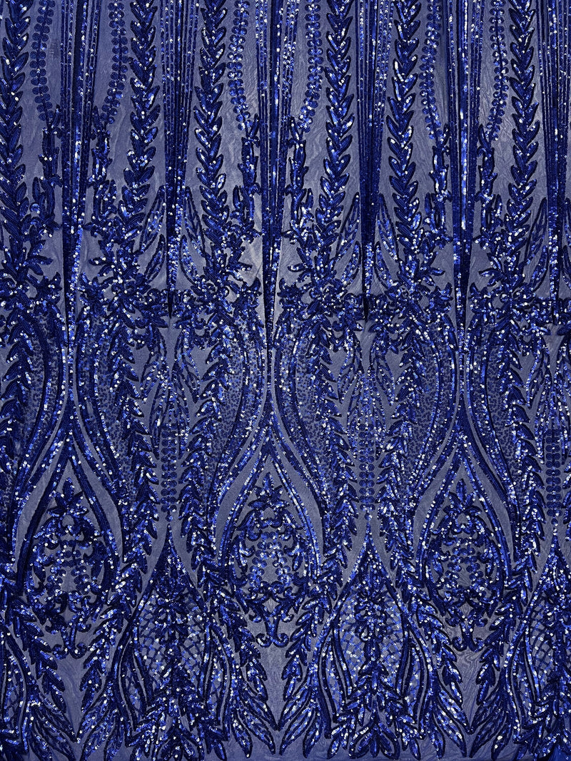 Isabella DARK ROYAL BLUE Curlicue & Leaves Sequins on Mesh Lace Fabric by the Yard