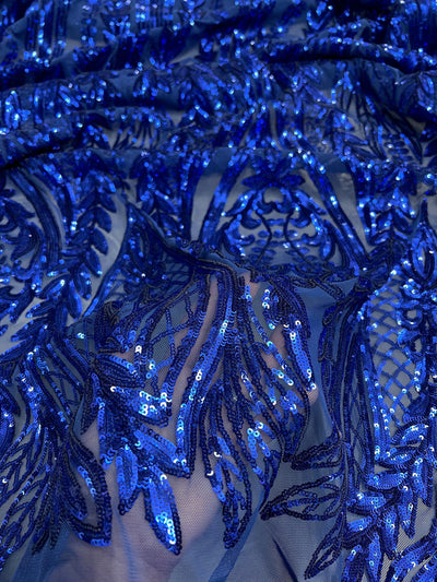 Isabella ROYAL BLUE Curlicue & Leaves Sequins on Mesh Lace Fabric by the Yard