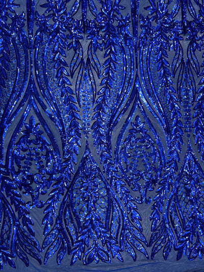 Isabella ROYAL BLUE Curlicue & Leaves Sequins on Mesh Lace Fabric by the Yard