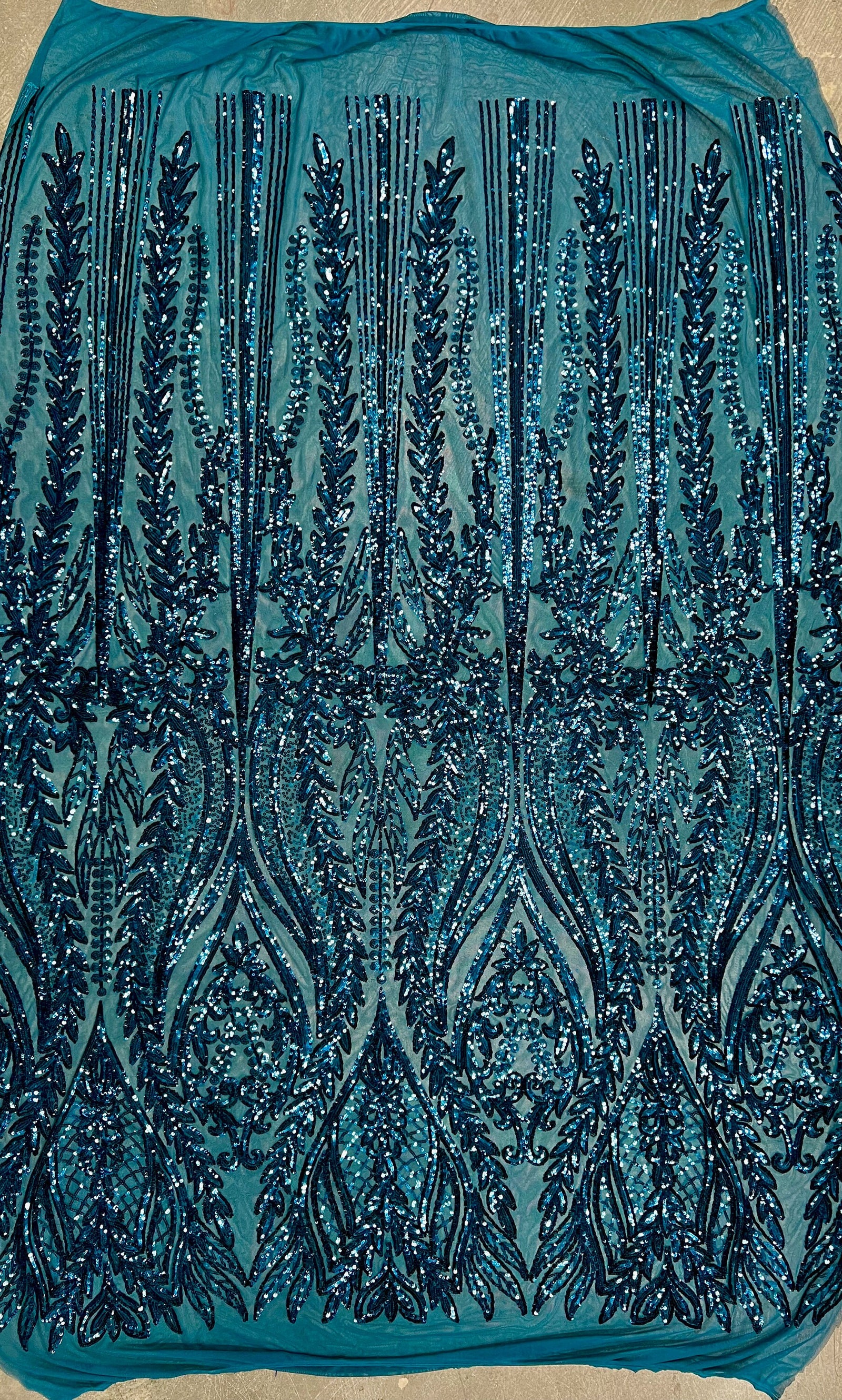 Isabella DARK TURQUOISE Curlicue & Leaves Sequins on Mesh Lace Fabric by the Yard