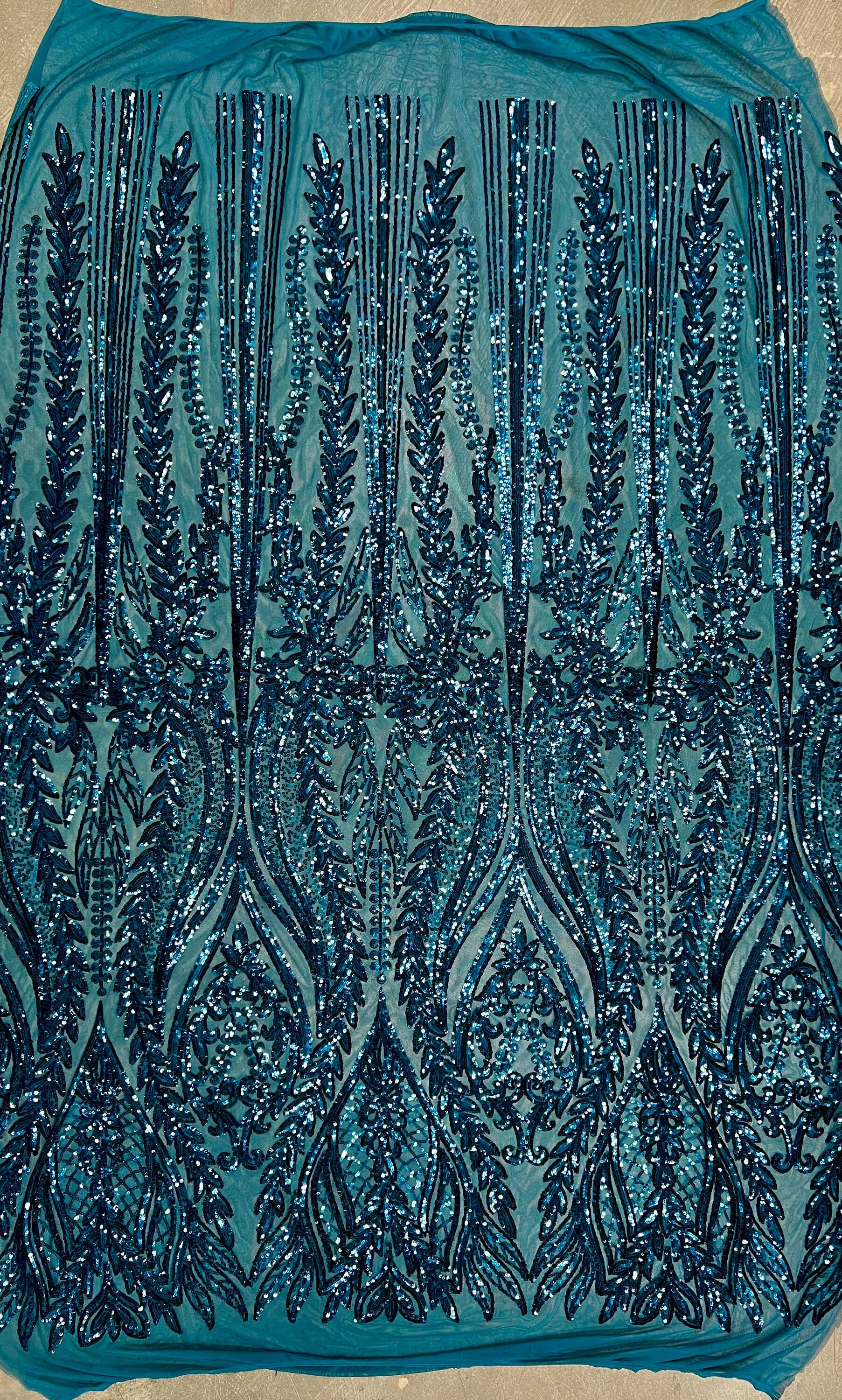 Isabella DARK TURQUOISE Curlicue & Leaves Sequins on Mesh Lace Fabric by the Yard