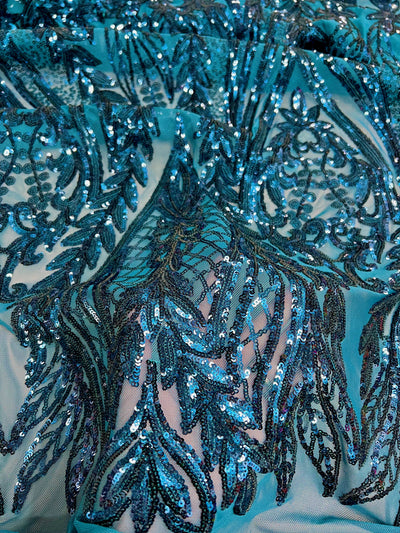 Isabella DARK TURQUOISE Curlicue & Leaves Sequins on Mesh Lace Fabric by the Yard