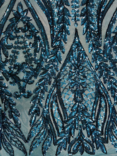 Isabella DARK TURQUOISE Curlicue & Leaves Sequins on Mesh Lace Fabric by the Yard