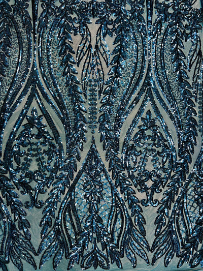 Isabella DARK TURQUOISE Curlicue & Leaves Sequins on Mesh Lace Fabric by the Yard