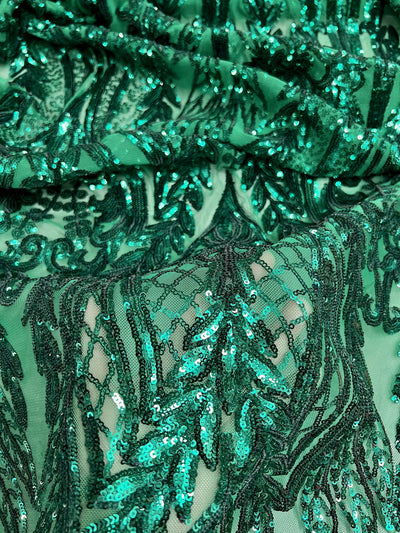 Isabella EMERALD GREEN Curlicue & Leaves Sequins on Mesh Lace Fabric by the Yard