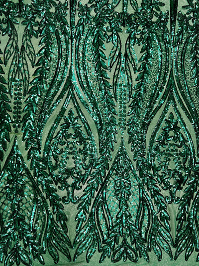 Isabella EMERALD GREEN Curlicue & Leaves Sequins on Mesh Lace Fabric by the Yard