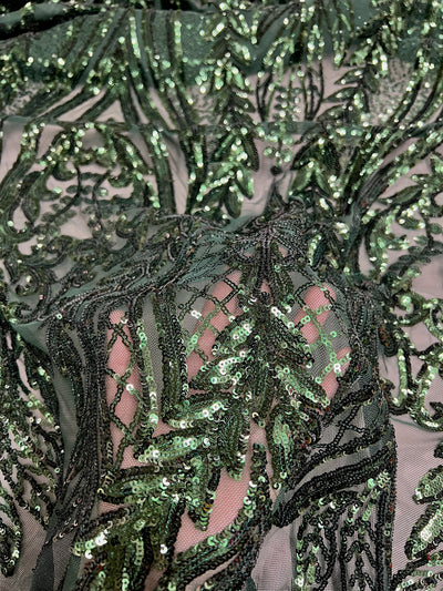 Isabella HUNTER GREEN Curlicue & Leaves Sequins on Mesh Lace Fabric by the Yard