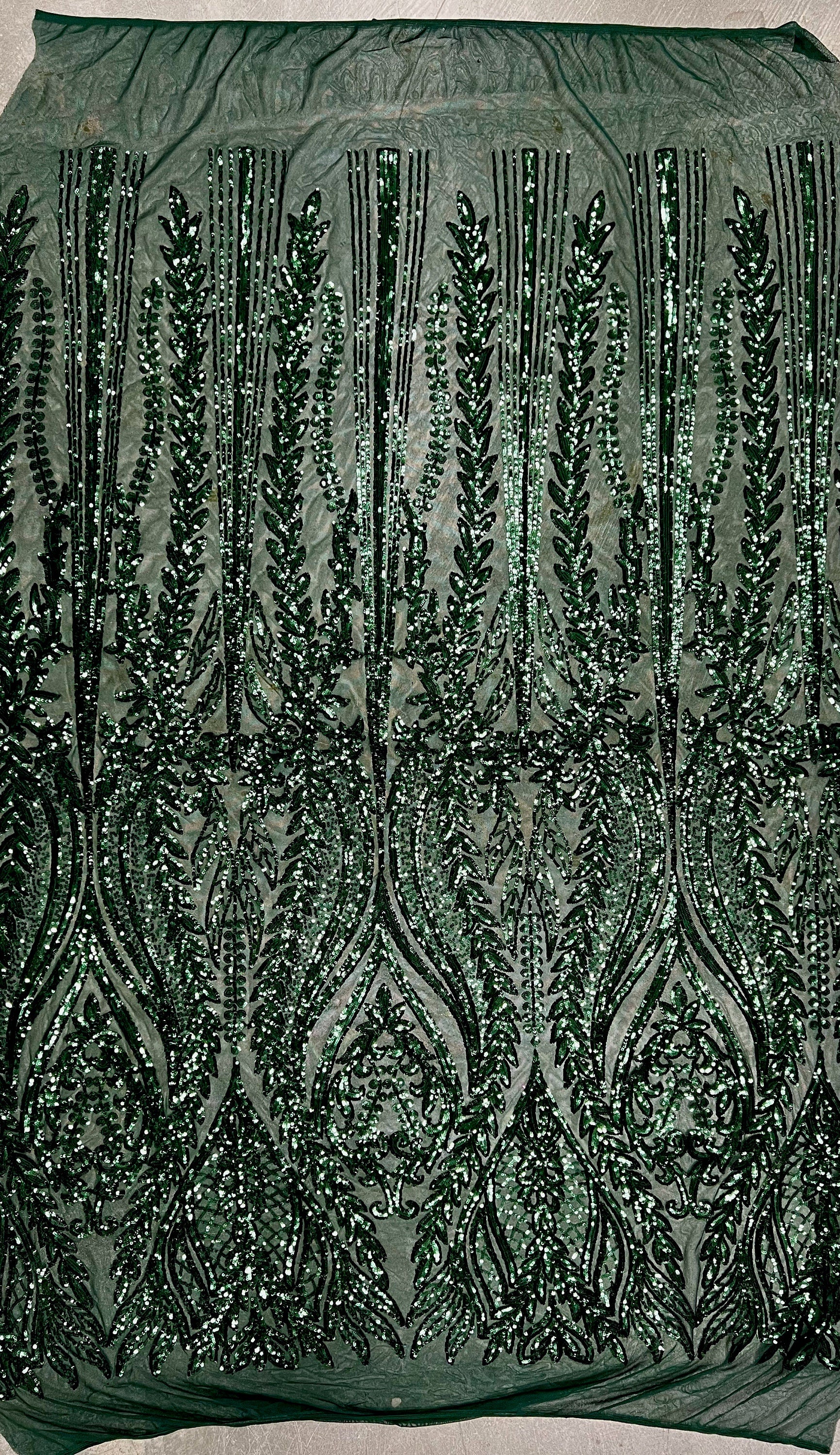 Isabella HUNTER GREEN Curlicue & Leaves Sequins on Mesh Lace Fabric by the Yard