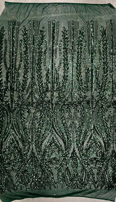 Isabella HUNTER GREEN Curlicue & Leaves Sequins on Mesh Lace Fabric by the Yard