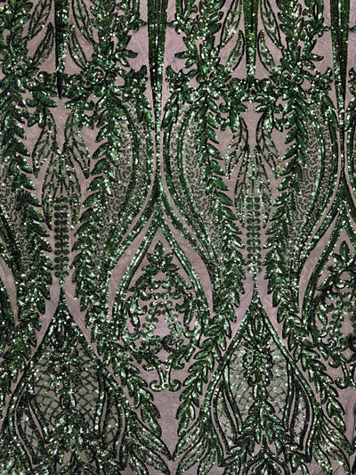 Isabella HUNTER GREEN Curlicue & Leaves Sequins on Mesh Lace Fabric by the Yard