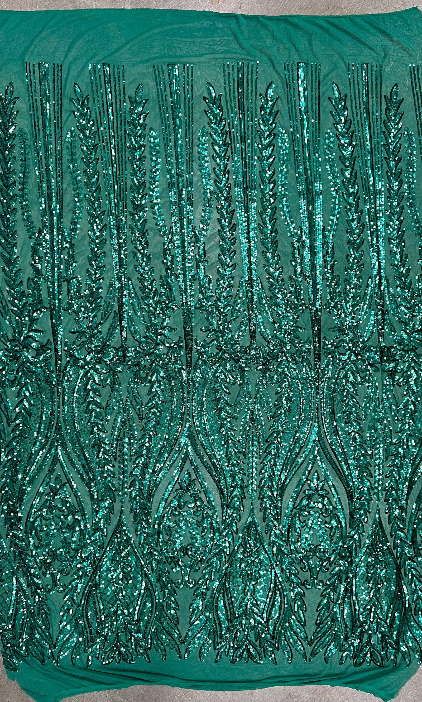 Isabella TEAL GREEN Curlicue & Leaves Sequins on Mesh Lace Fabric by the Yard