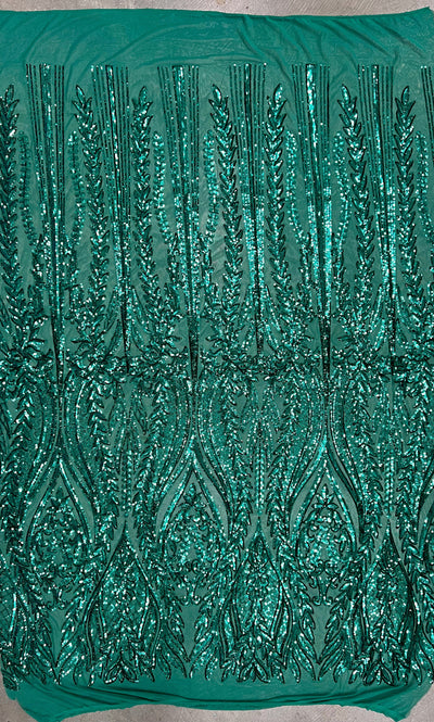 Isabella TEAL GREEN Curlicue & Leaves Sequins on Mesh Lace Fabric by the Yard