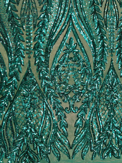 Isabella TEAL GREEN Curlicue & Leaves Sequins on Mesh Lace Fabric by the Yard