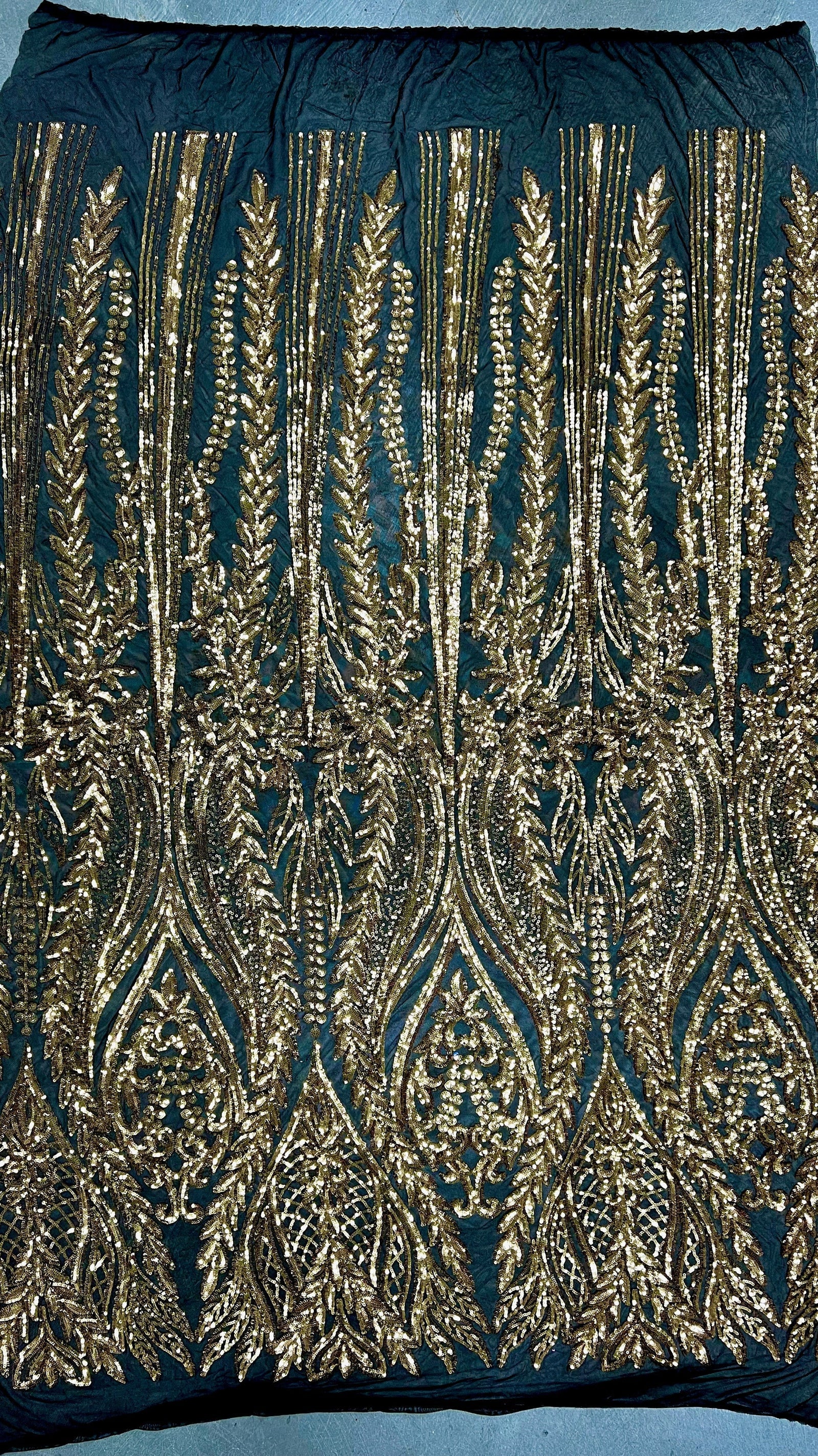 Isabella GOLD Curlicue & Leaves Sequins on BLACK Mesh Lace Fabric by the Yard