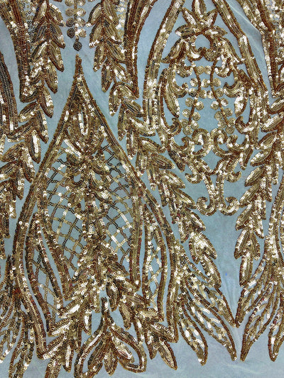 Isabella GOLD Curlicue & Leaves Sequins on Mesh Lace Fabric by the Yard