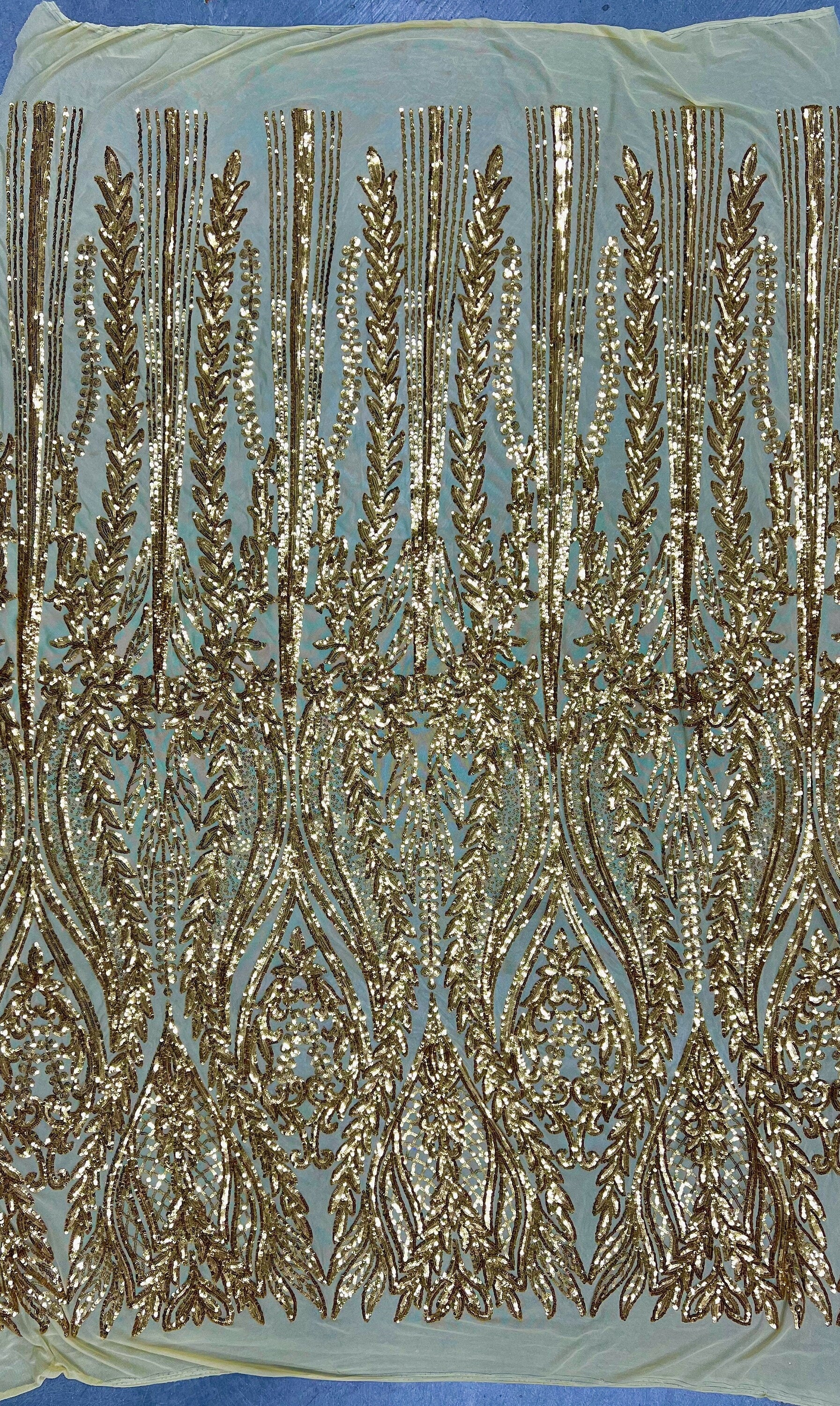 Isabella GOLD Curlicue & Leaves Sequins on Mesh Lace Fabric by the Yard