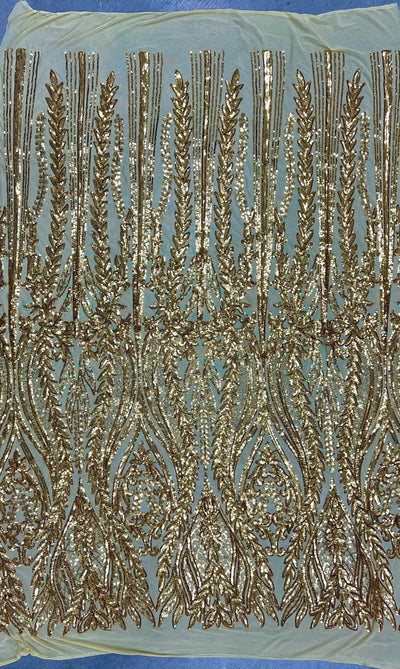 Isabella GOLD Curlicue & Leaves Sequins on Mesh Lace Fabric by the Yard
