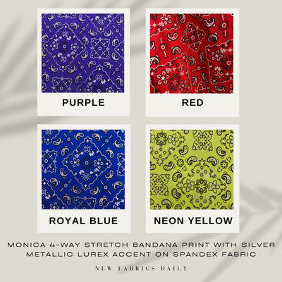 Monica 4-way Stretch BANDANA Print with Silver Metallic Lurex Accent on Spandex Fabric by the Yard - 10182