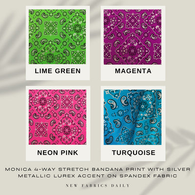 Monica 4-way Stretch BANDANA Print with Silver Metallic Lurex Accent on Spandex Fabric by the Yard - 10182