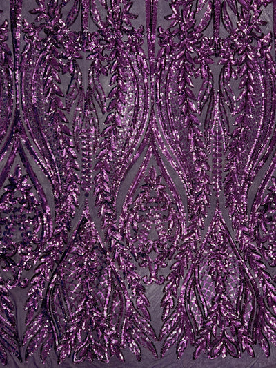 Isabella PLUM Curlicue & Leaves Sequins on Mesh Lace Fabric by the Yard