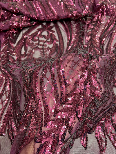 Isabella WINE Curlicue & Leaves Sequins on Mesh Lace Fabric by the Yard