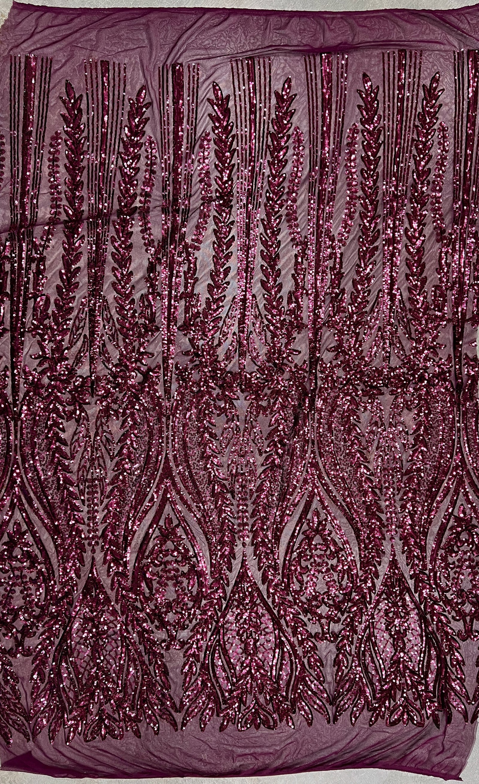 Isabella WINE Curlicue & Leaves Sequins on Mesh Lace Fabric by the Yard