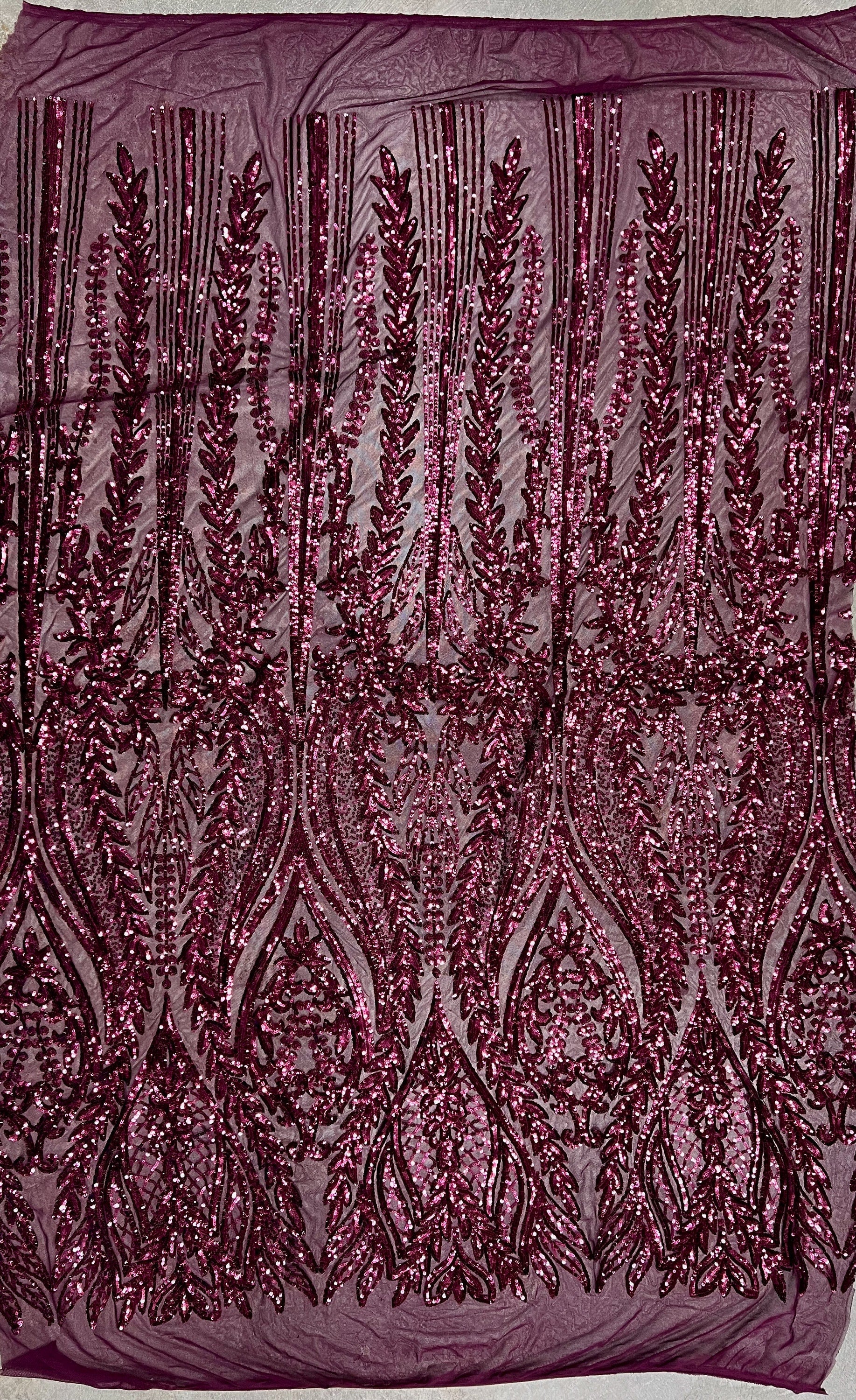 Isabella WINE Curlicue & Leaves Sequins on Mesh Lace Fabric by the Yard