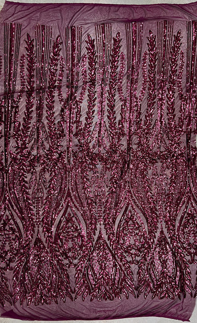 Isabella WINE Curlicue & Leaves Sequins on Mesh Lace Fabric by the Yard