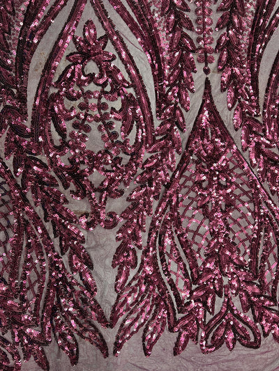 Isabella WINE Curlicue & Leaves Sequins on Mesh Lace Fabric by the Yard