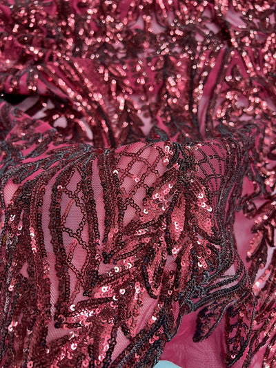 Isabella BURGUNDY Curlicue & Leaves Sequins on Mesh Lace Fabric by the Yard