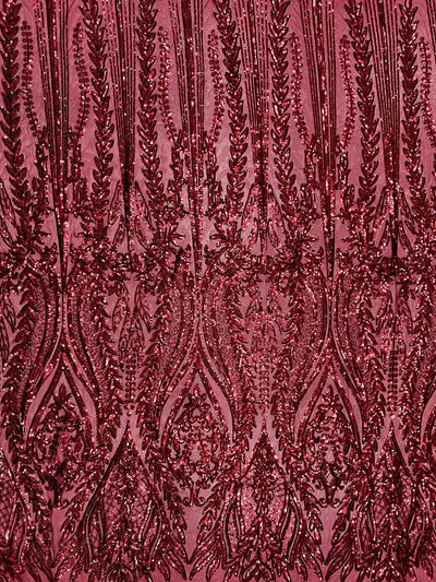 Isabella BURGUNDY Curlicue & Leaves Sequins on Mesh Lace Fabric by the Yard