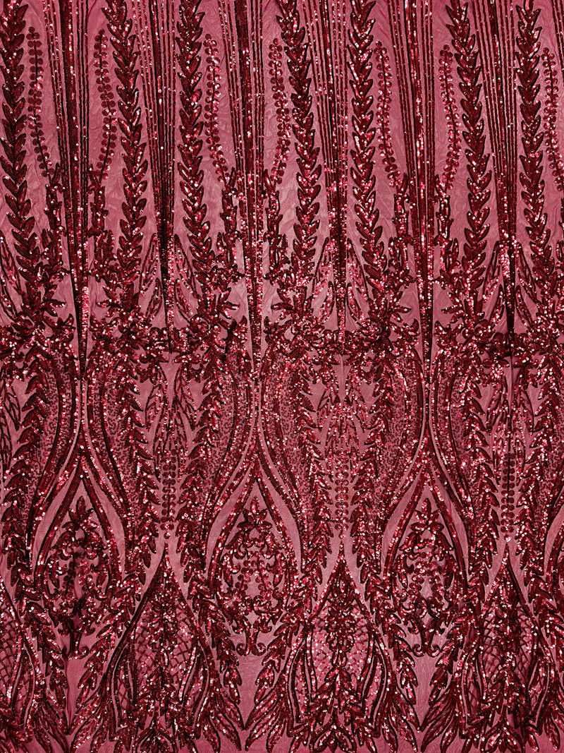 Isabella BURGUNDY Curlicue & Leaves Sequins on Mesh Lace Fabric by the Yard