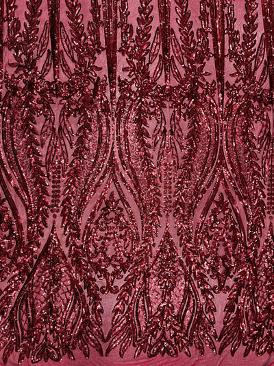 Isabella BURGUNDY Curlicue & Leaves Sequins on Mesh Lace Fabric by the Yard